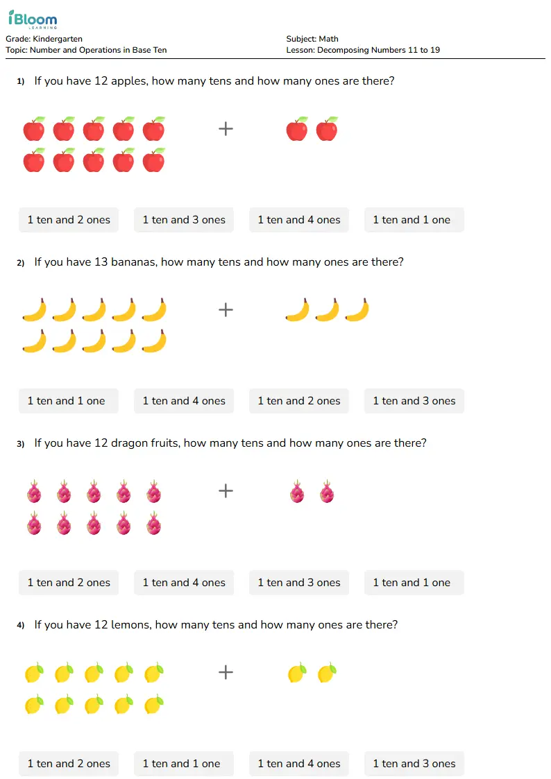 Decomposing Numbers 11 to 19 Lesson for Kindergarten