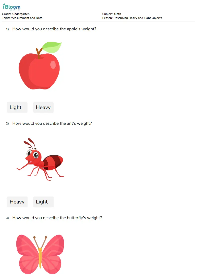 Describing Heavy and Light Objects Lesson for Kindergarten