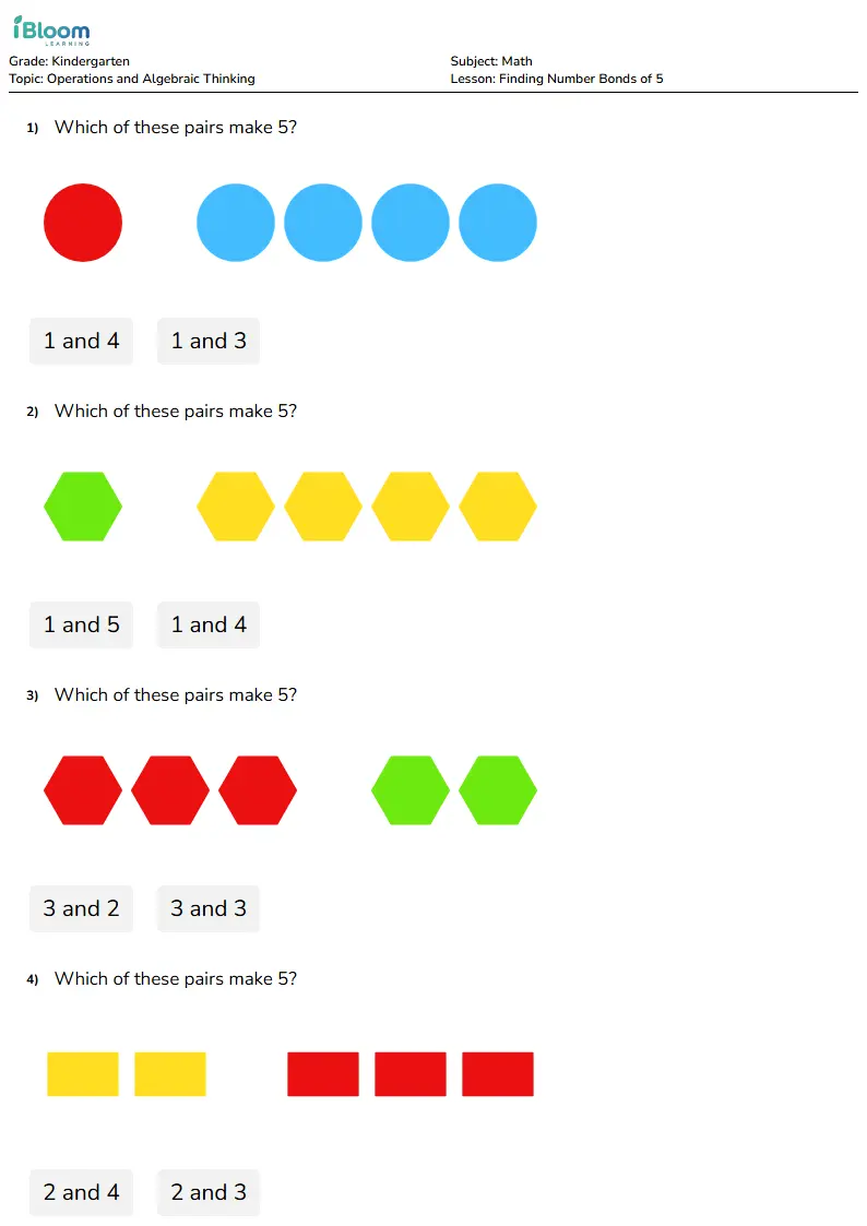 Finding Number Bonds of 5 Lesson for Kindergarten | iBloom