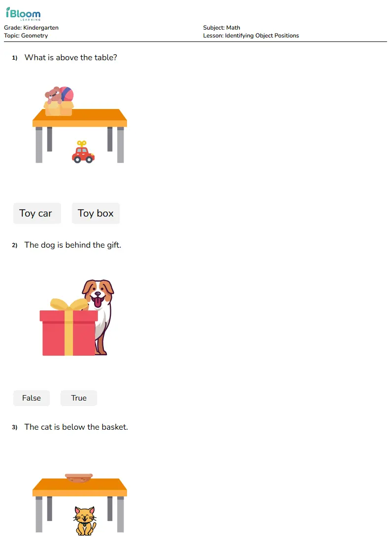 Identifying Object Positions Lesson for Kindergarten | iBloom