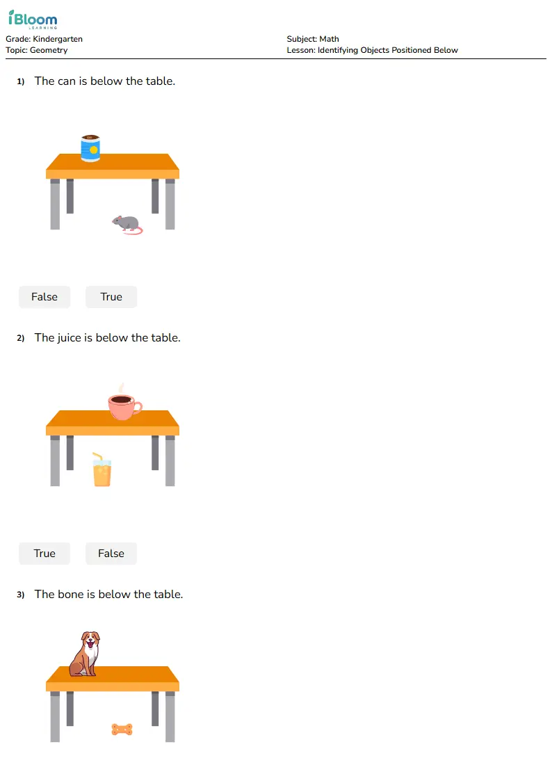 Identifying Objects Positioned Below Lesson for Kindergarten | iBloom