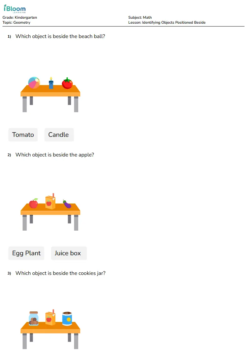 Identifying Objects Positioned Beside Lesson for Kindergarten | iBloom