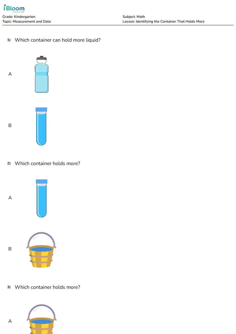 Identifying the Container That Holds More Lesson for Kindergarten | iBloom