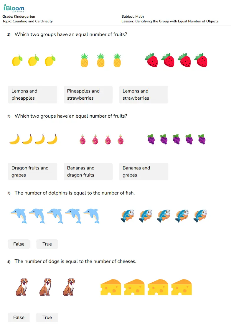 Identifying the Group with Equal Number of Objects Lesson for Kindergarten | iBloom