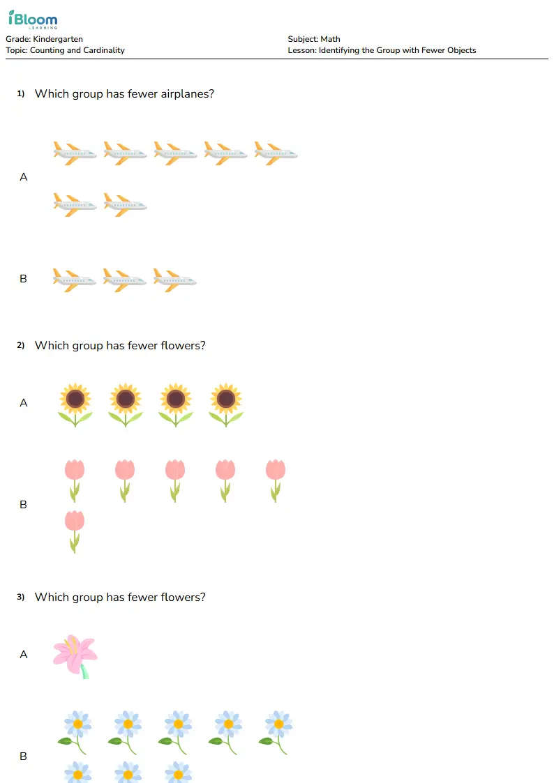 Identifying the Group with Fewer Objects Lesson for Kindergarten | iBloom