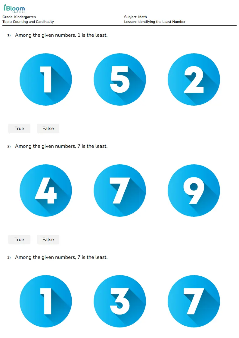 Identifying the Least Number Lesson for Kindergarten | iBloom