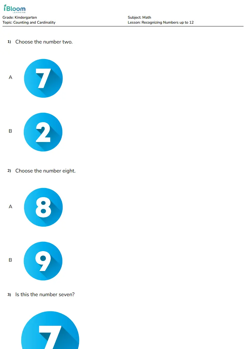 Recognizing Numbers up to 12 Lesson for Kindergarten | iBloom