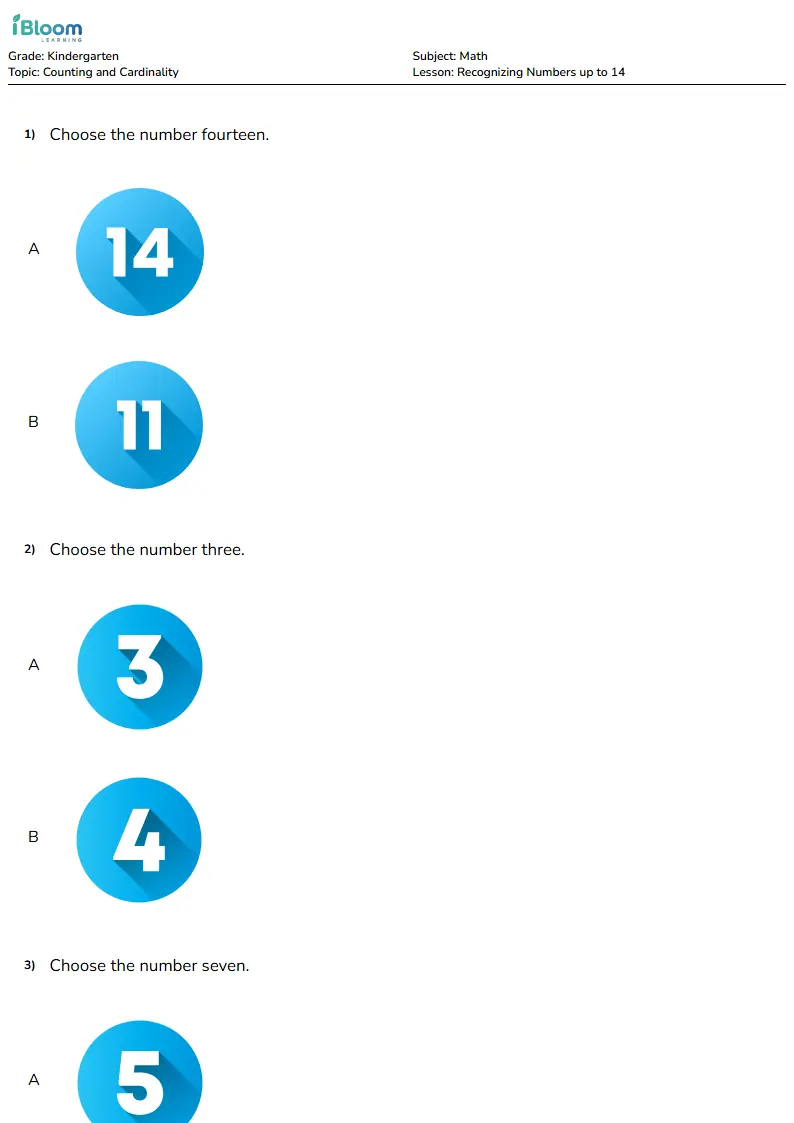 Recognizing Numbers up to 14 Lesson for Kindergarten | iBloom