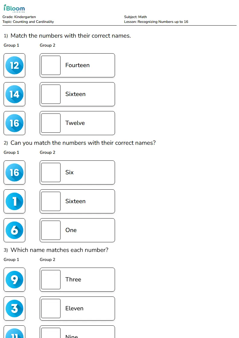 Recognizing Numbers up to 16 Lesson for Kindergarten | iBloom