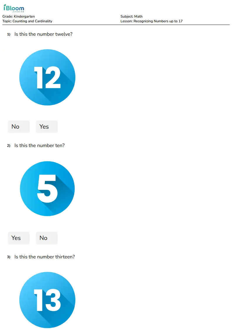 Recognizing Numbers up to 17 Lesson for Kindergarten | iBloom