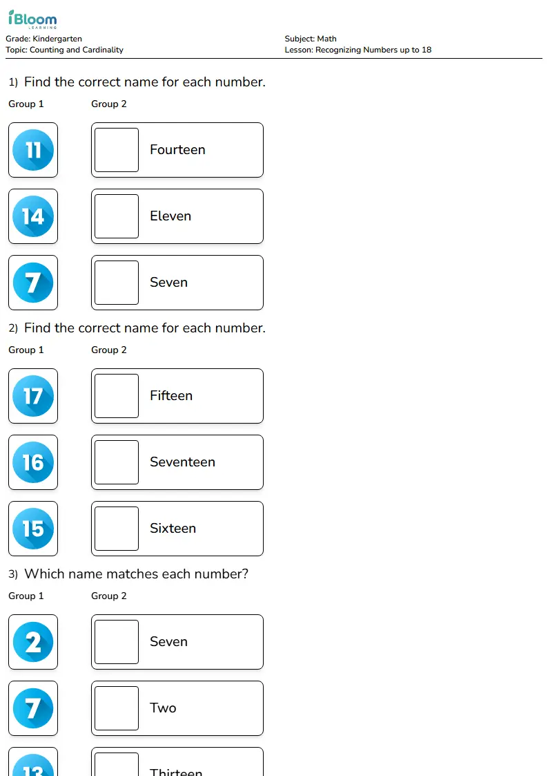 Recognizing Numbers up to 18 Lesson for Kindergarten | iBloom