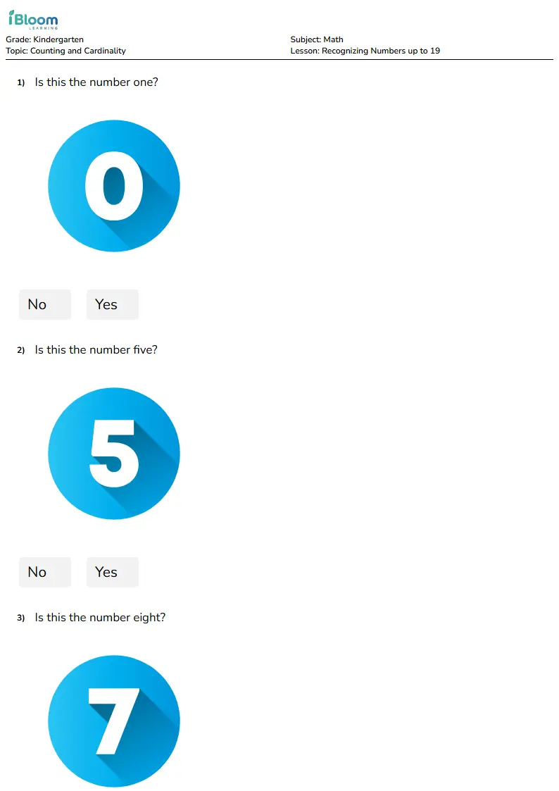 Recognizing Numbers up to 19 Lesson for Kindergarten | iBloom