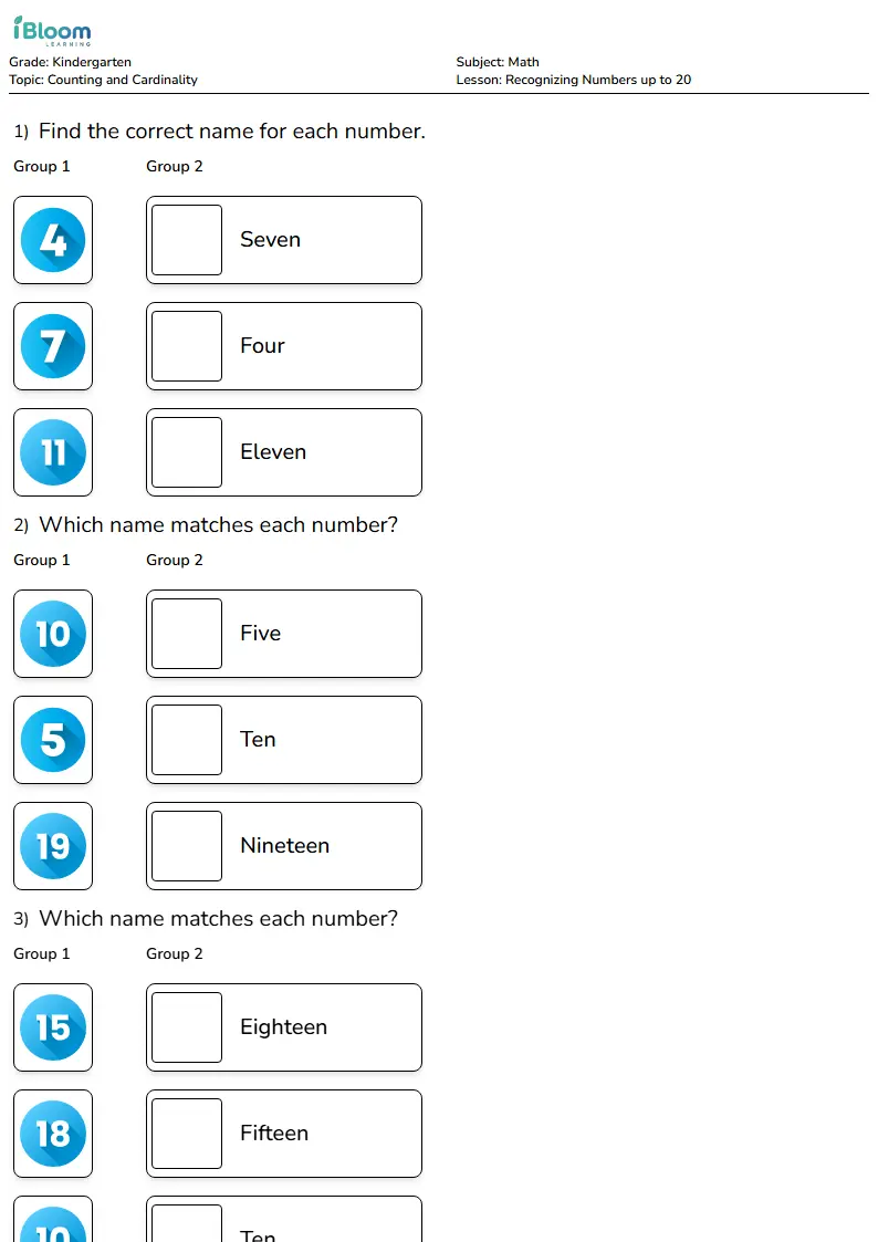 Recognizing Numbers up to 20 Lesson for Kindergarten | iBloom