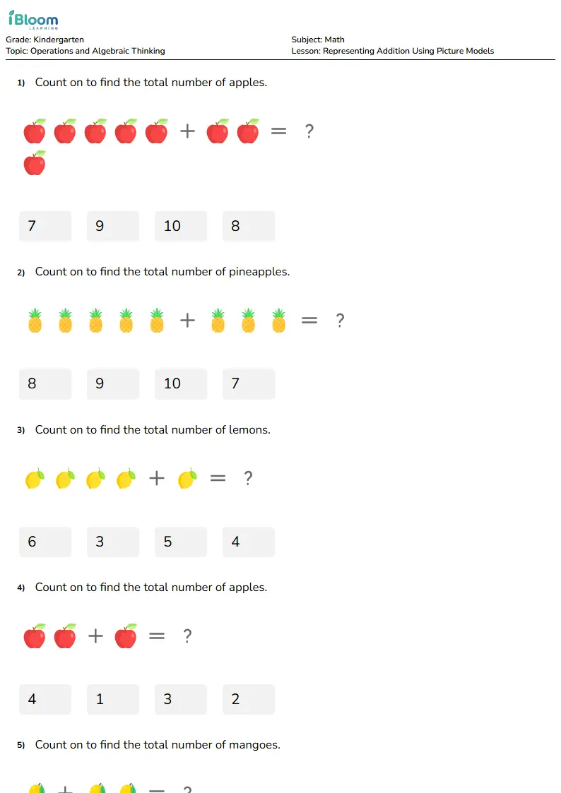 Representing Addition Using Picture Models Lesson for Kindergarten | iBloom
