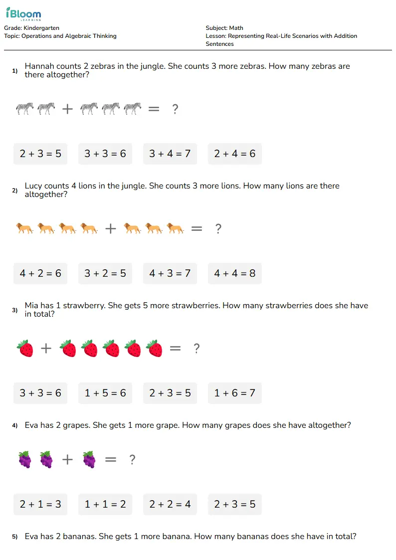 Representing Real-Life Scenarios with Addition Sentences Lesson for Kindergarten | iBloom