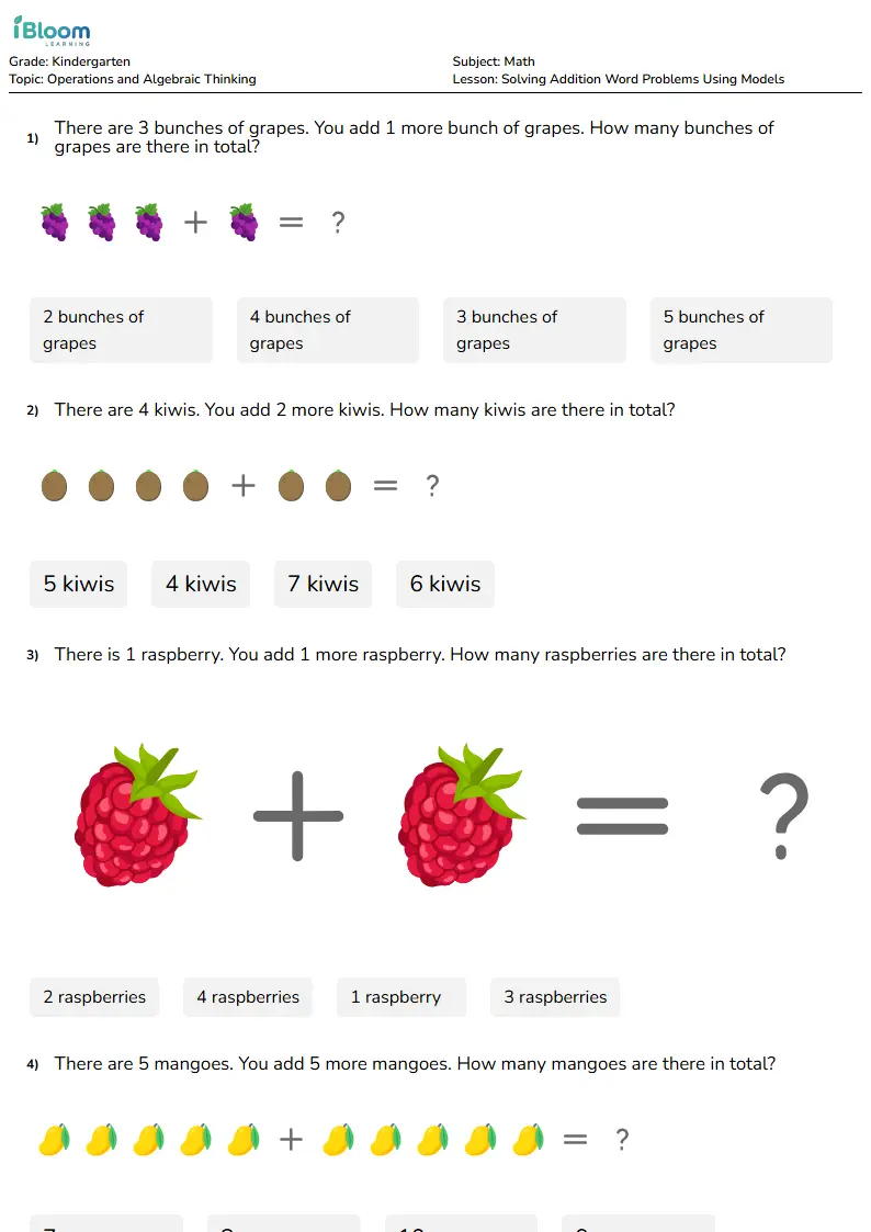 Solving Addition Word Problems Using Models Lesson for Kindergarten | iBloom