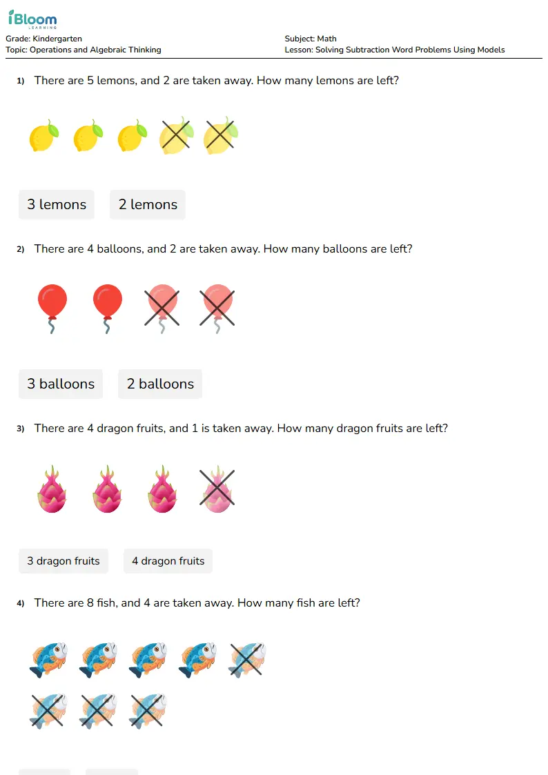 Solving Subtraction Word Problems Using Models Lesson for Kindergarten | iBloom