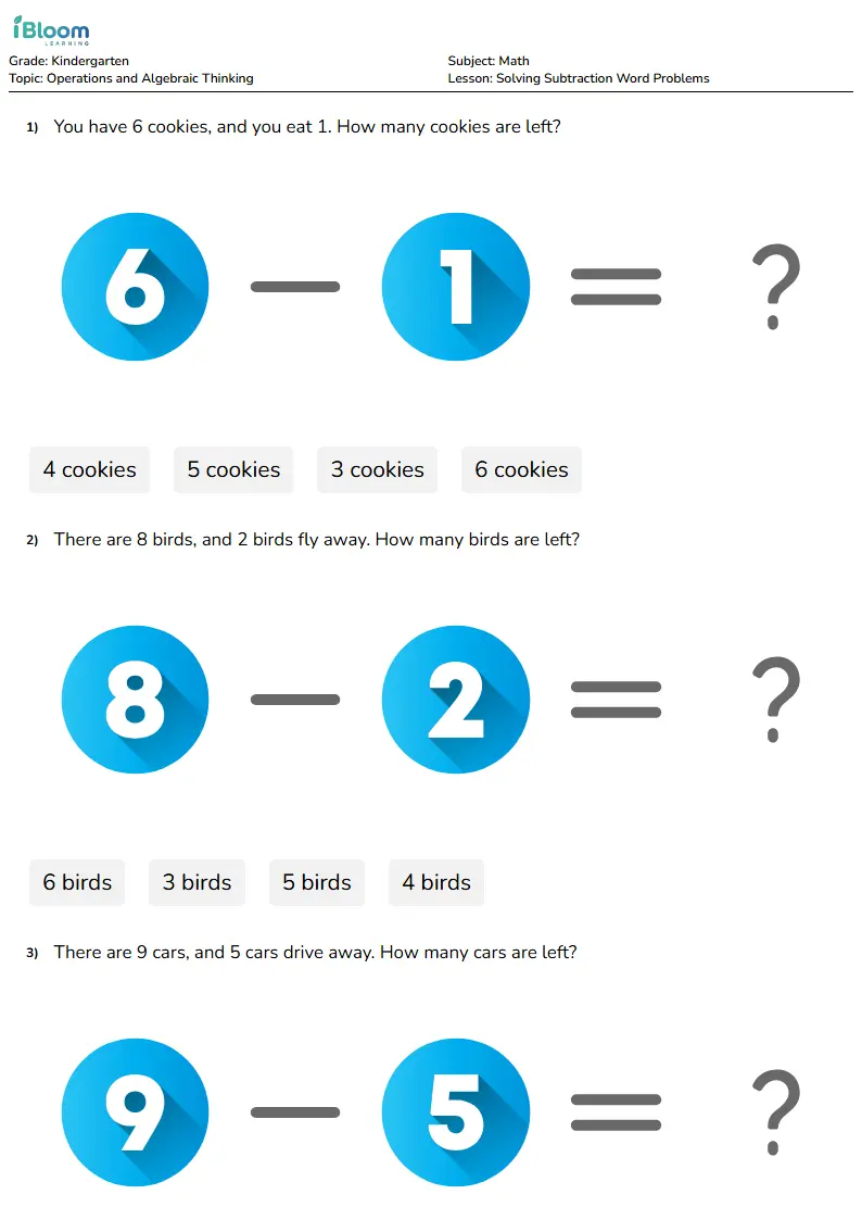Solving Subtraction Word Problems Lesson for Kindergarten | iBloom
