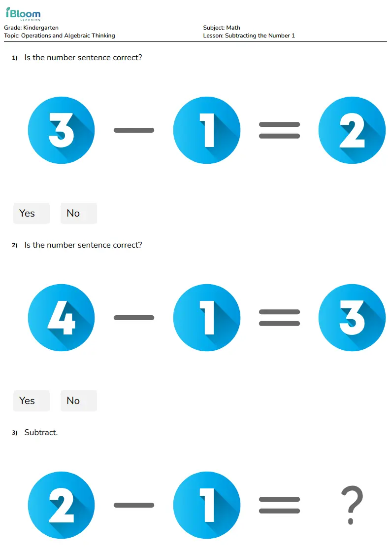 Subtracting the Number 1 Lesson for Kindergarten | iBloom