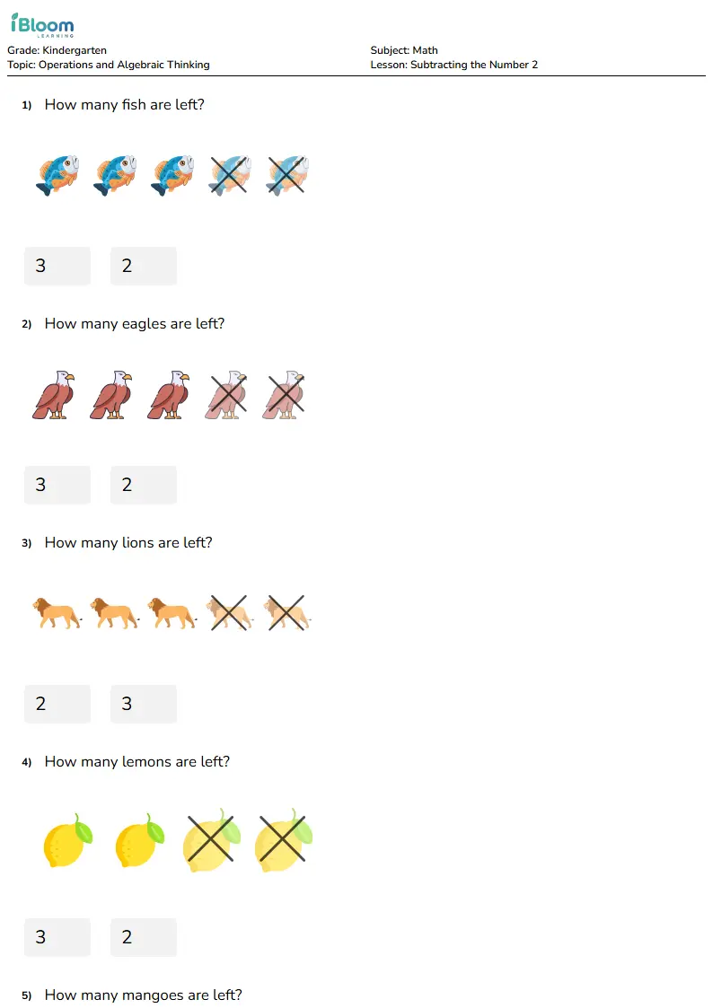 Subtracting the Number 2 Lesson for Kindergarten | iBloom