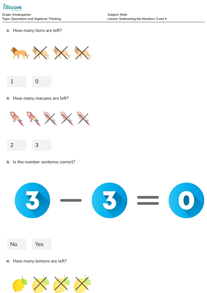 Subtracting the Numbers 3 and 4 Lesson for Kindergarten | iBloom