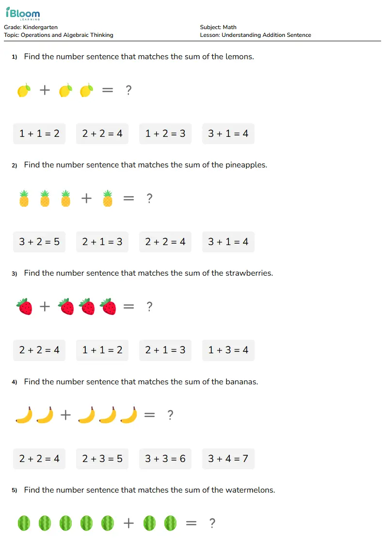 Understanding Addition Sentence Lesson for Kindergarten | iBloom