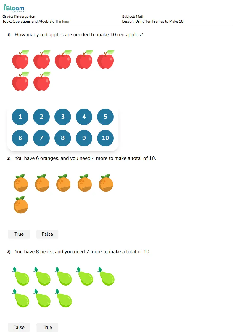 Using Ten Frames to Make 10 Lesson for Kindergarten | iBloom