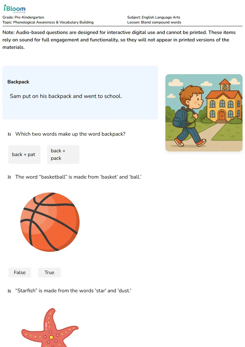 Blend compound words Lesson for Pre Kindergarten