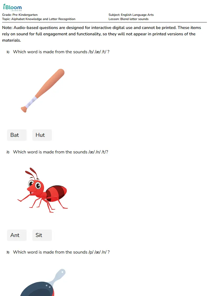 Blend letter sounds Lesson for Pre Kindergarten