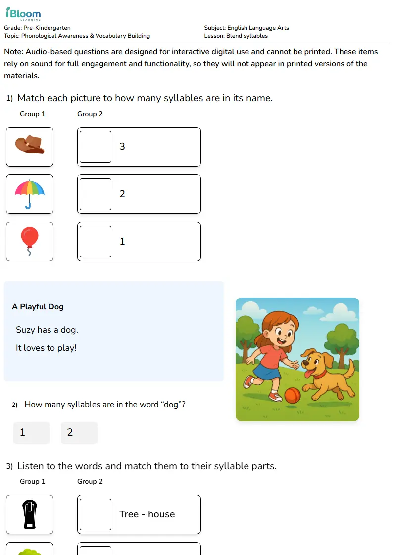 Blend syllables Lesson for Pre Kindergarten