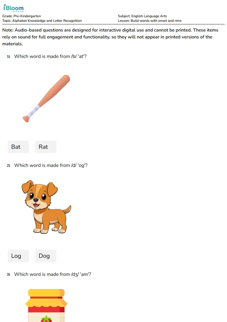 Build words with onset and rime Lesson for Pre Kindergarten
