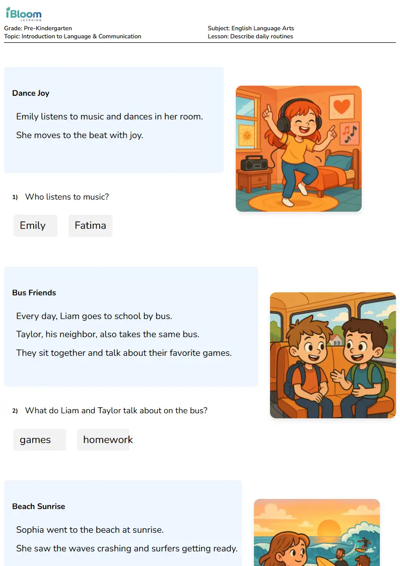 Describe daily routines Lesson for Pre Kindergarten