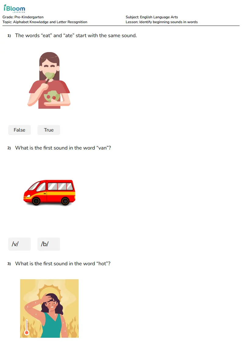 Identify beginning sounds in words Lesson for Pre Kindergarten