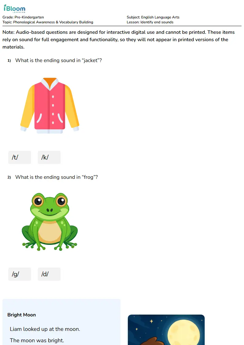 Identify end sounds Lesson for Pre Kindergarten