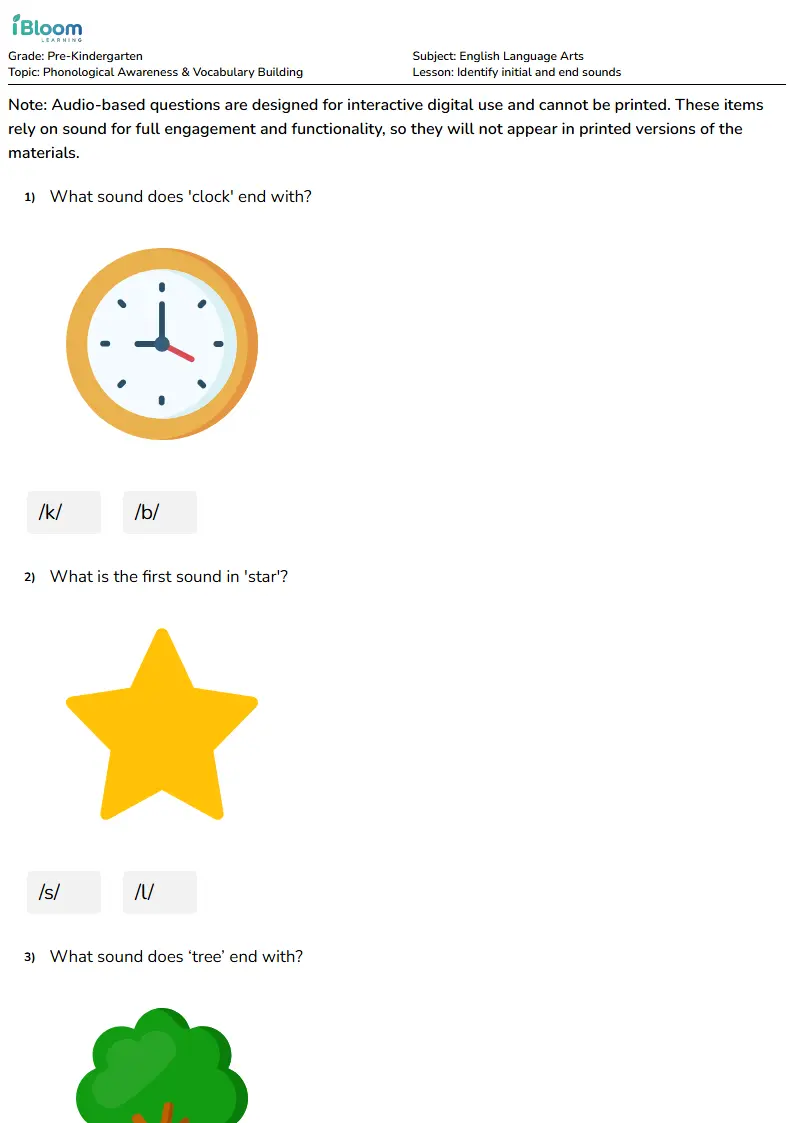 Identify initial and end sounds Lesson for Pre Kindergarten