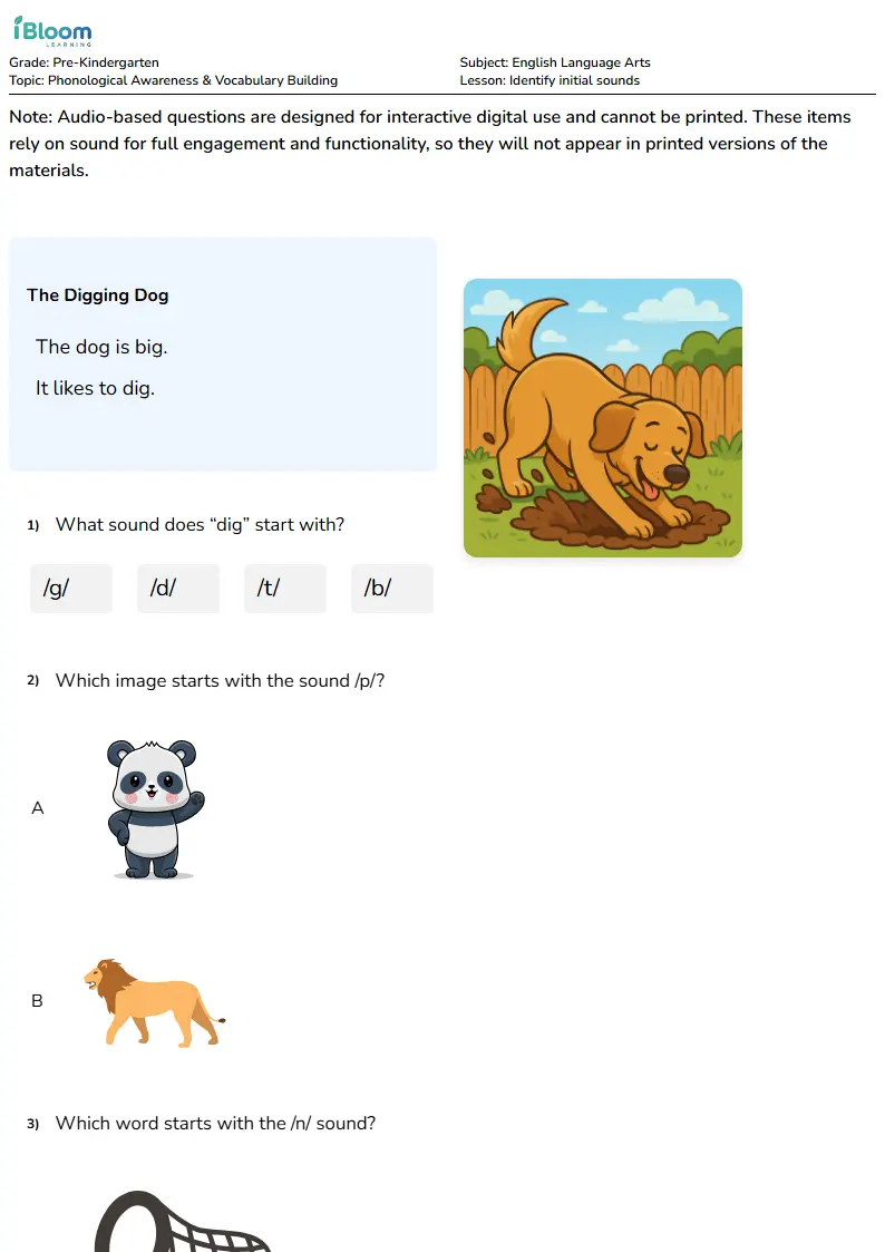 Identify initial sounds Lesson for Pre Kindergarten