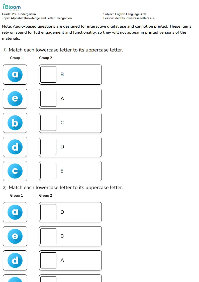 Identify lowercase letters a-e Lesson for Pre Kindergarten