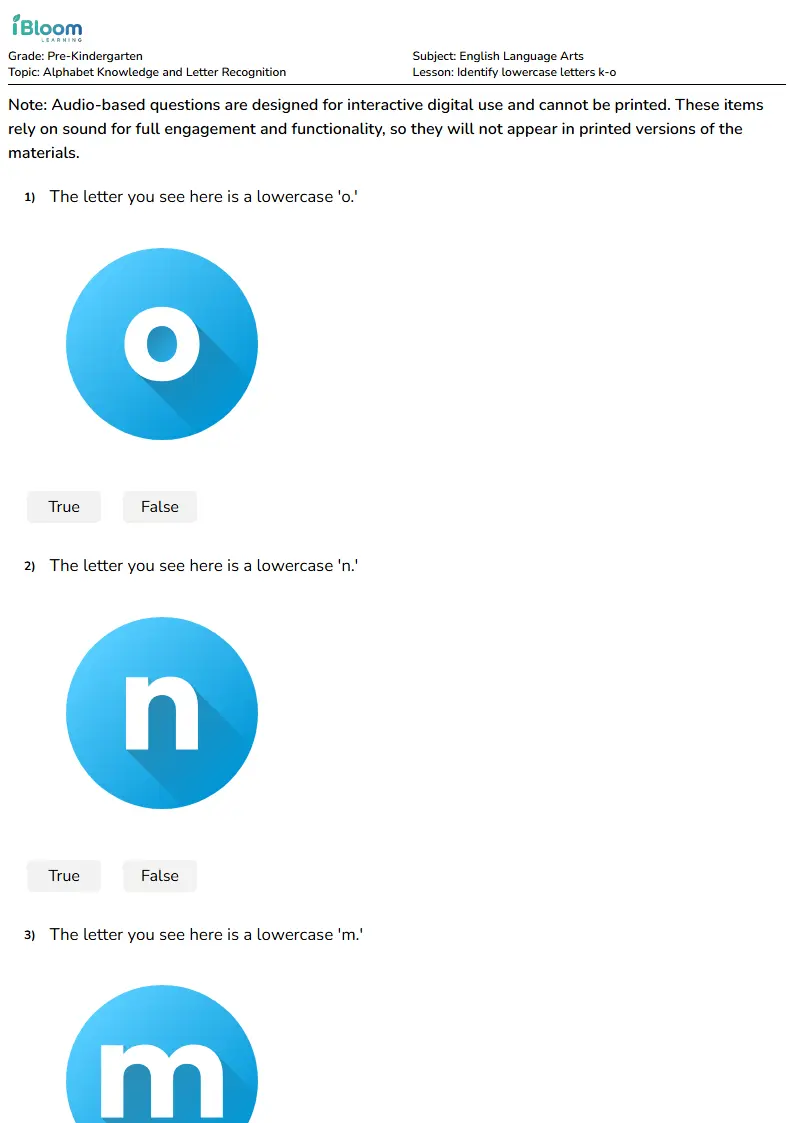 Identify lowercase letters k-o Lesson for Pre Kindergarten