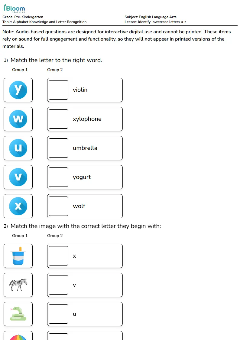 Identify lowercase letters u-z Lesson for Pre Kindergarten