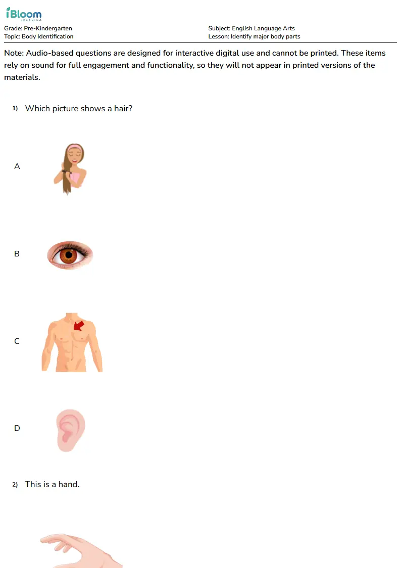Identify major body parts Lesson for Pre Kindergarten