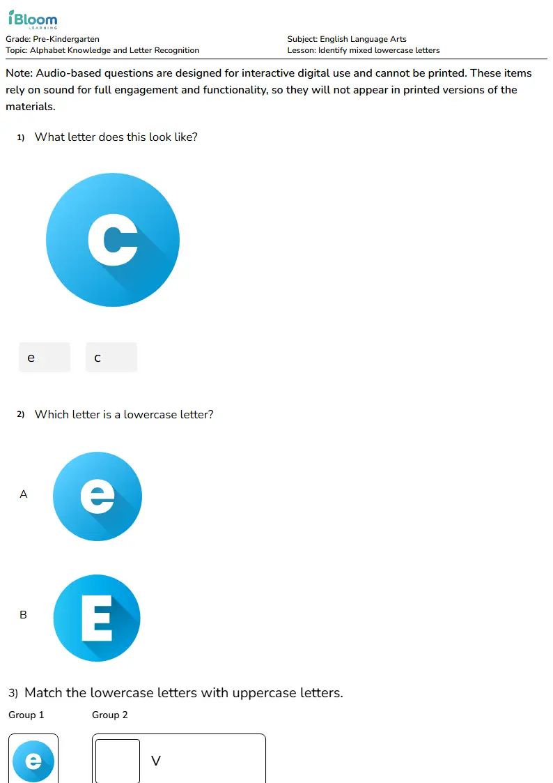 Identify mixed lowercase letters Lesson for Pre Kindergarten
