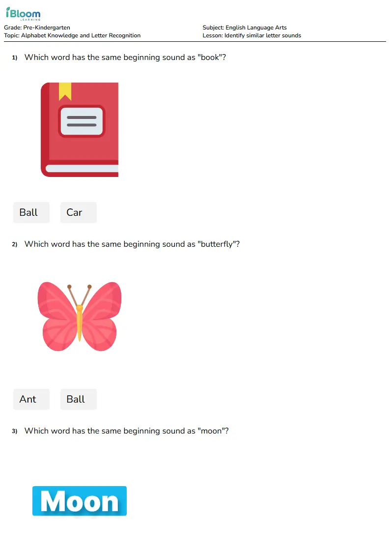 Identify similar letter sounds Lesson for Pre Kindergarten