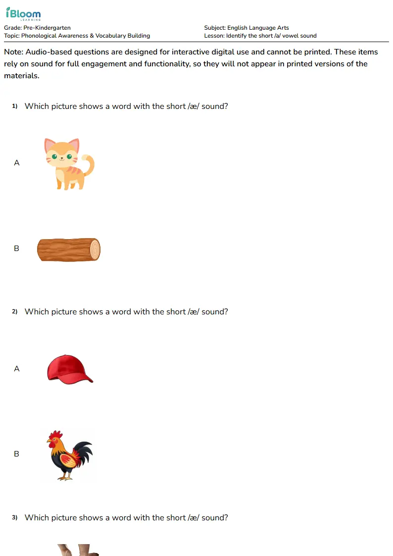 Identify the short /a/ vowel sound Lesson for Pre Kindergarten