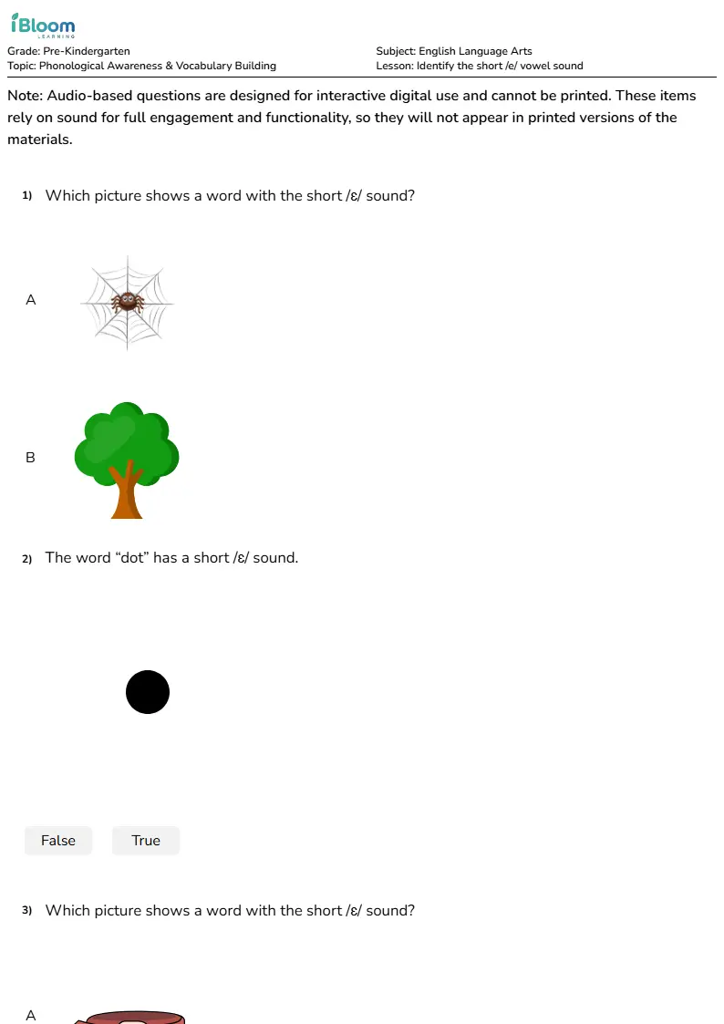 Identify the short /e/ vowel sound Lesson for Pre Kindergarten | iBloom