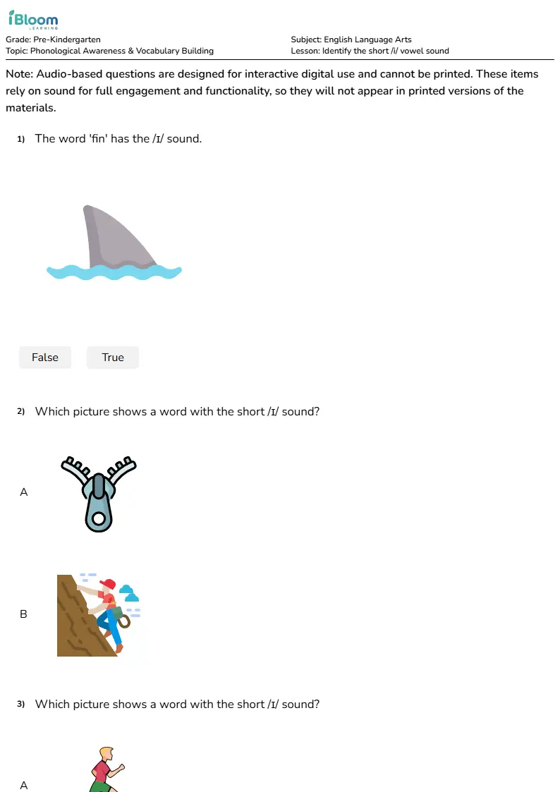 Identify the short /i/ vowel sound Lesson for Pre Kindergarten | iBloom