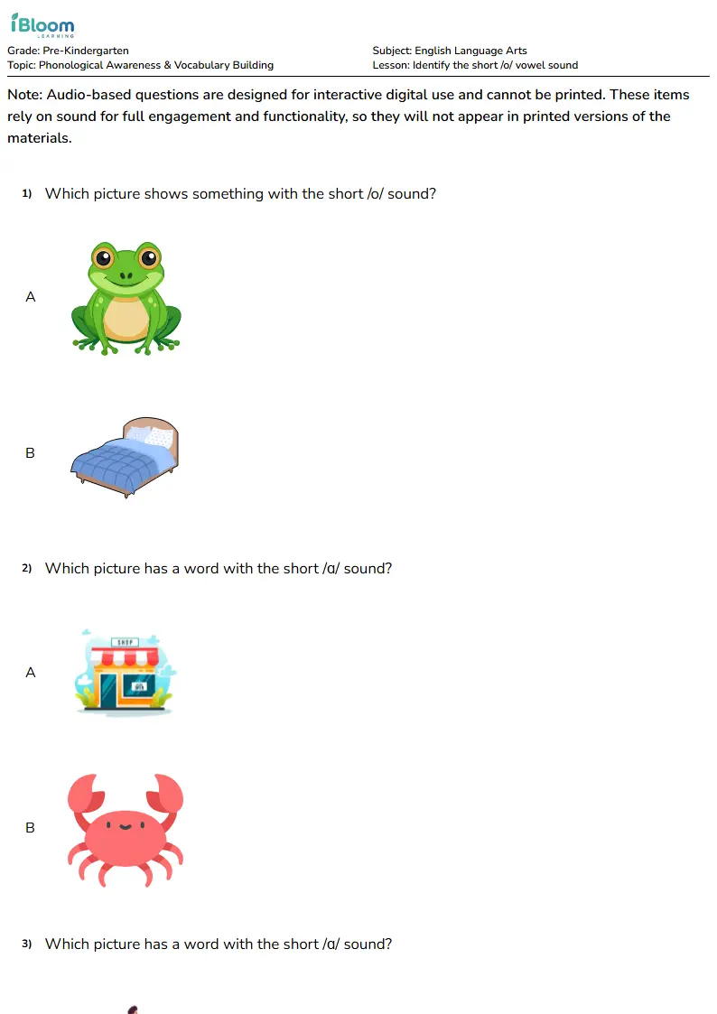 Identify the short /o/ vowel sound Lesson for Pre Kindergarten | iBloom