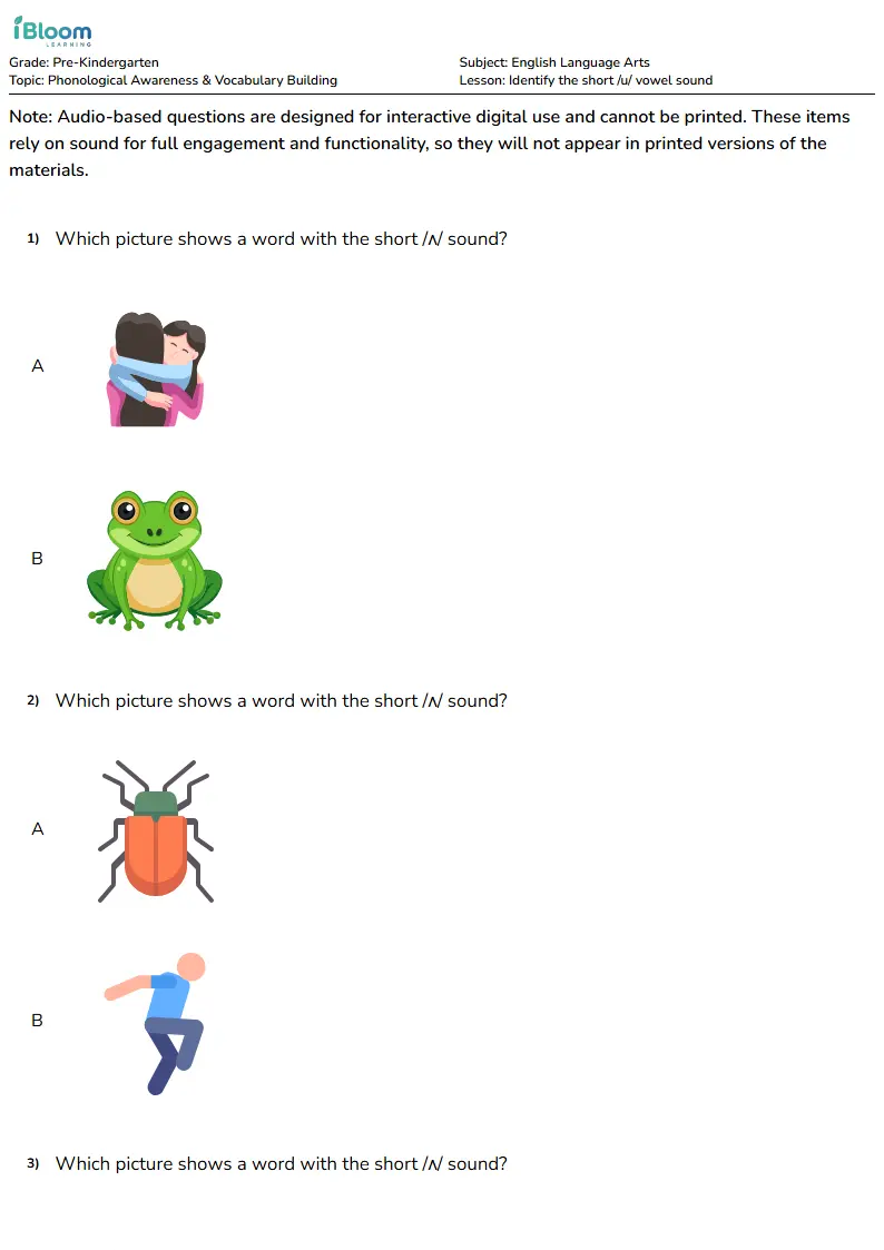 Identify the short /u/ vowel sound Lesson for Pre Kindergarten | iBloom