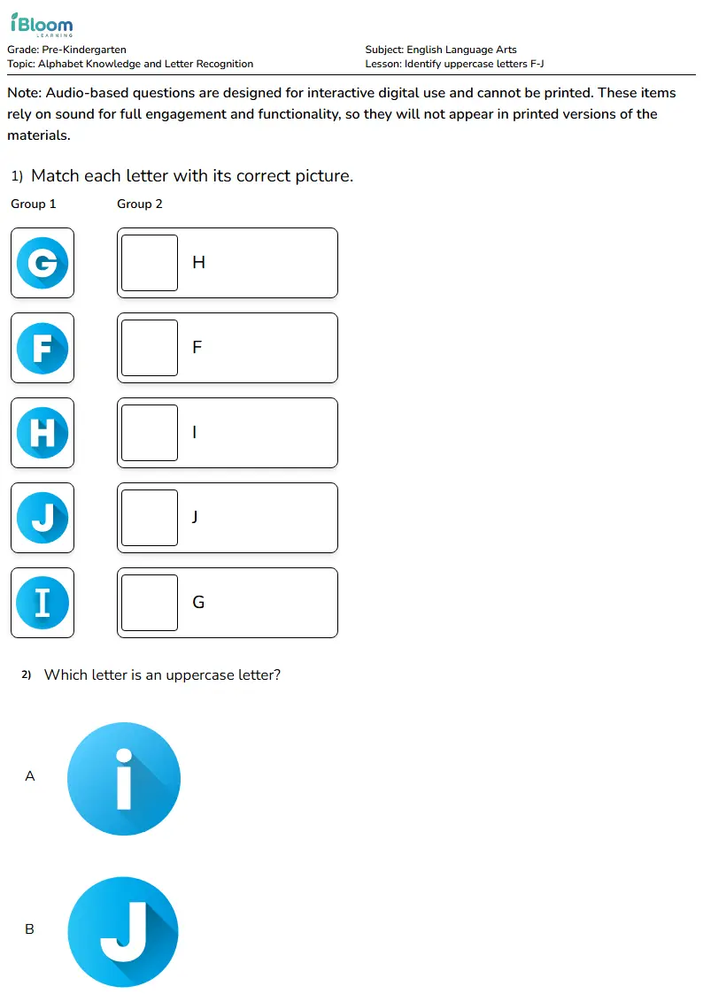 Identify uppercase letters F-J Lesson for Pre Kindergarten | iBloom