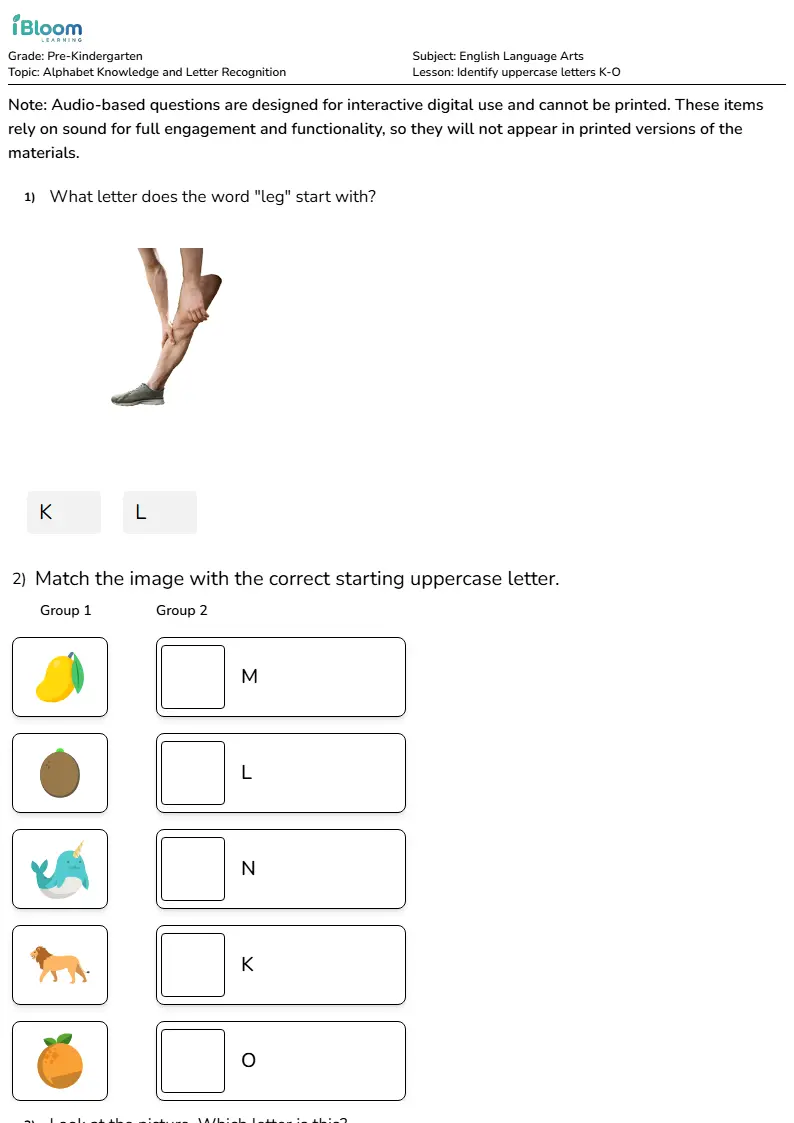 Identify uppercase letters K-O Lesson for Pre Kindergarten | iBloom