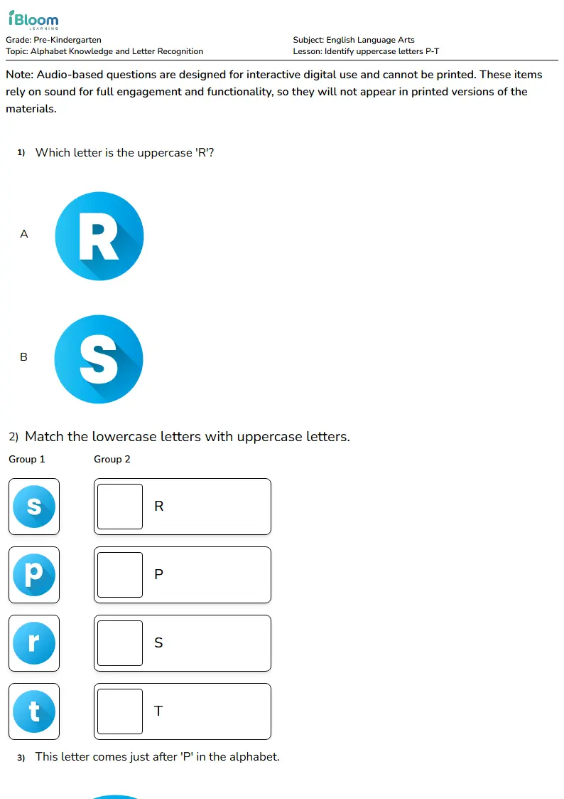 Identify uppercase letters P-T Lesson for Pre Kindergarten | iBloom